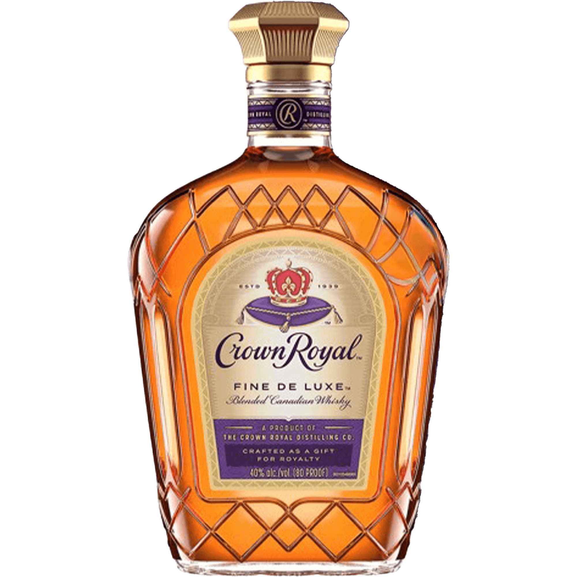 Crown Royal Fine De Luxe whisky bottle showcasing its rich amber color and elegant design.