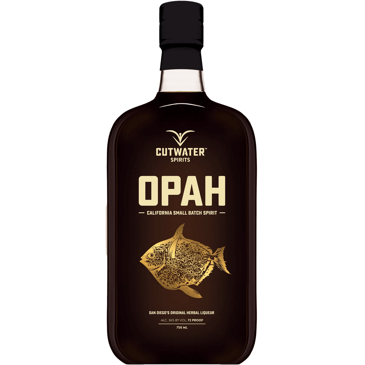 Cutwater Opah herbal liqueur bottle featuring rich flavors and 72 proof spirits.