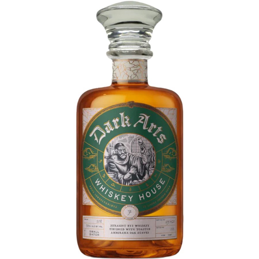 Dark Arts 7 Year Amburana Oak Staves Rye Whiskey bottle with unique design and label.