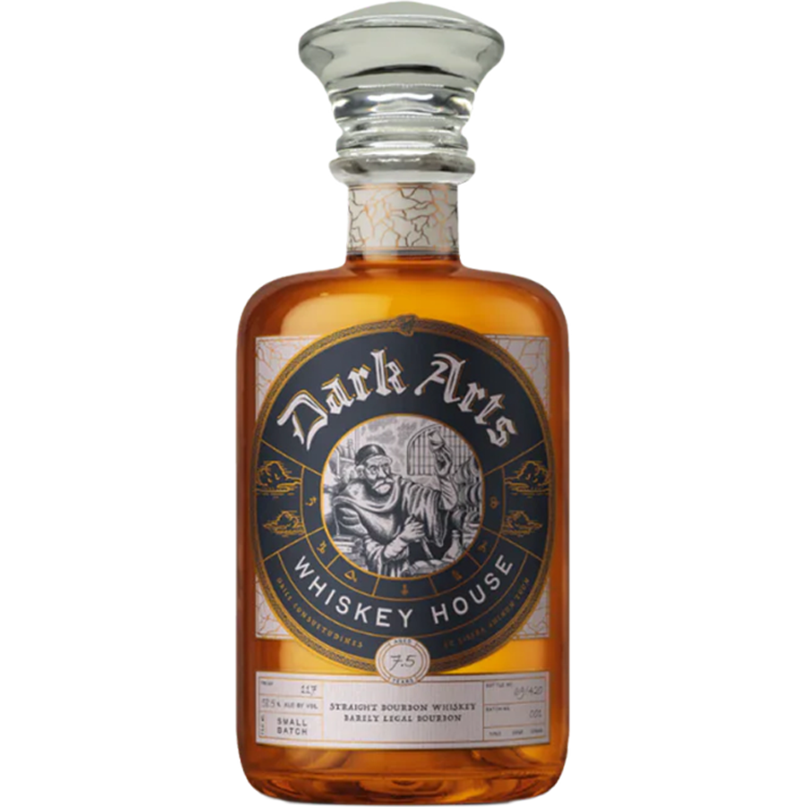 Dark Arts 7 Year Barely Legal Small Batch Cask Strength Bourbon bottle with ornate label and cork top.
