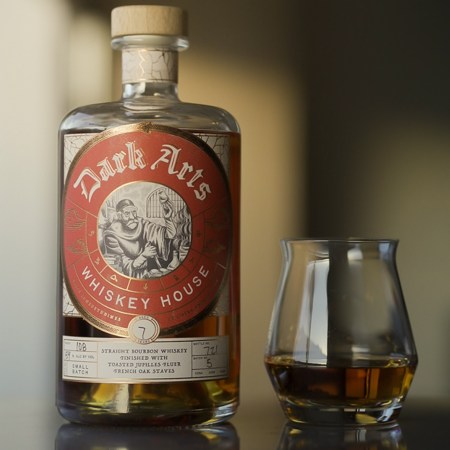 Dark Arts 7 Year French Oak Stave Small Batch Bourbon bottle with glass, showcasing its unique blend and packaging.