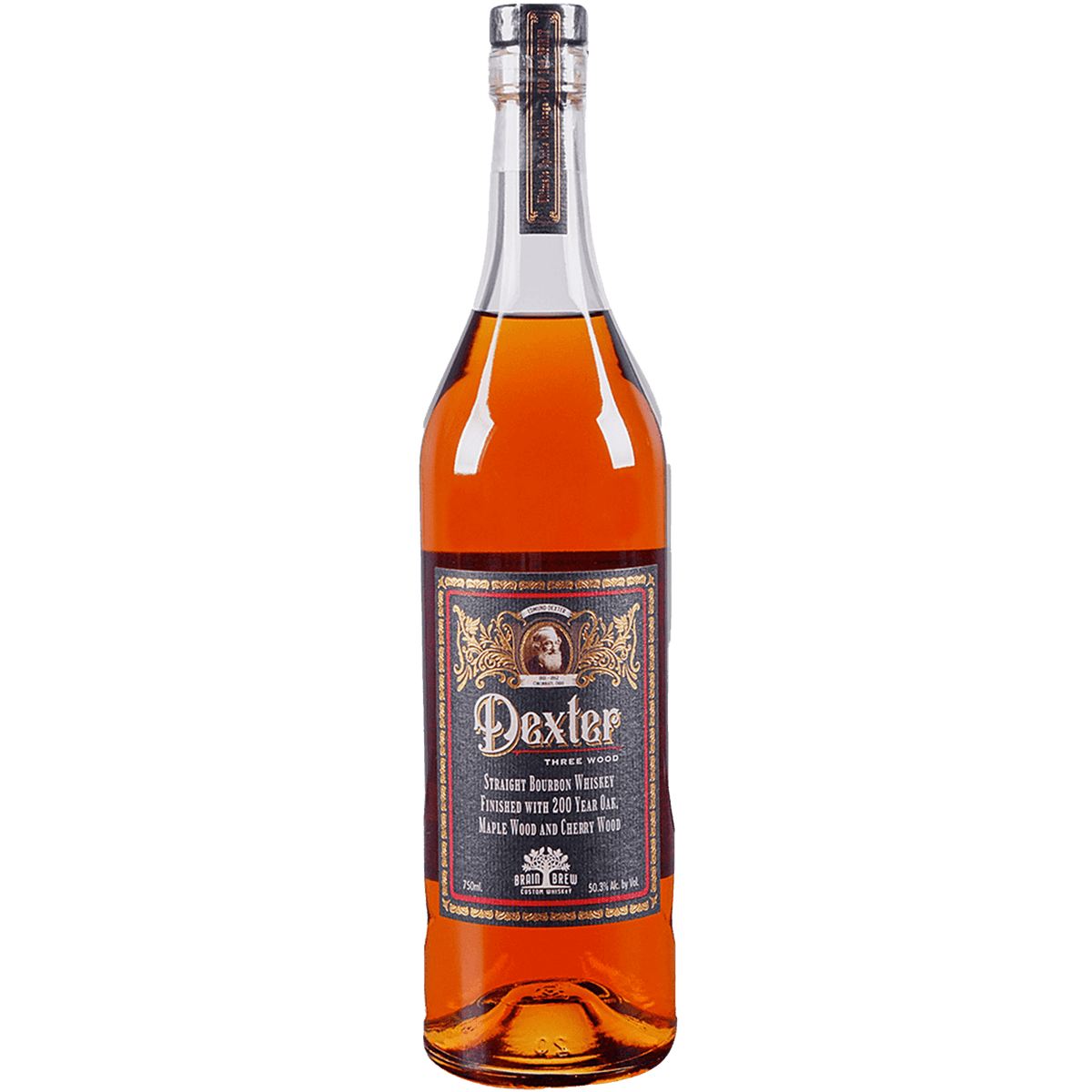 Dexter Three Wood Straight Bourbon Whiskey in a glass bottle, showcasing its rich amber color and elegant label.