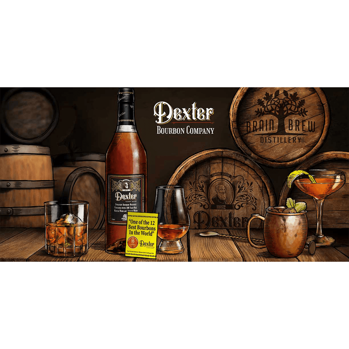 Dexter Three Wood Bourbon bottle with cocktails, barrels in background, showcasing craftsmanship and heritage.