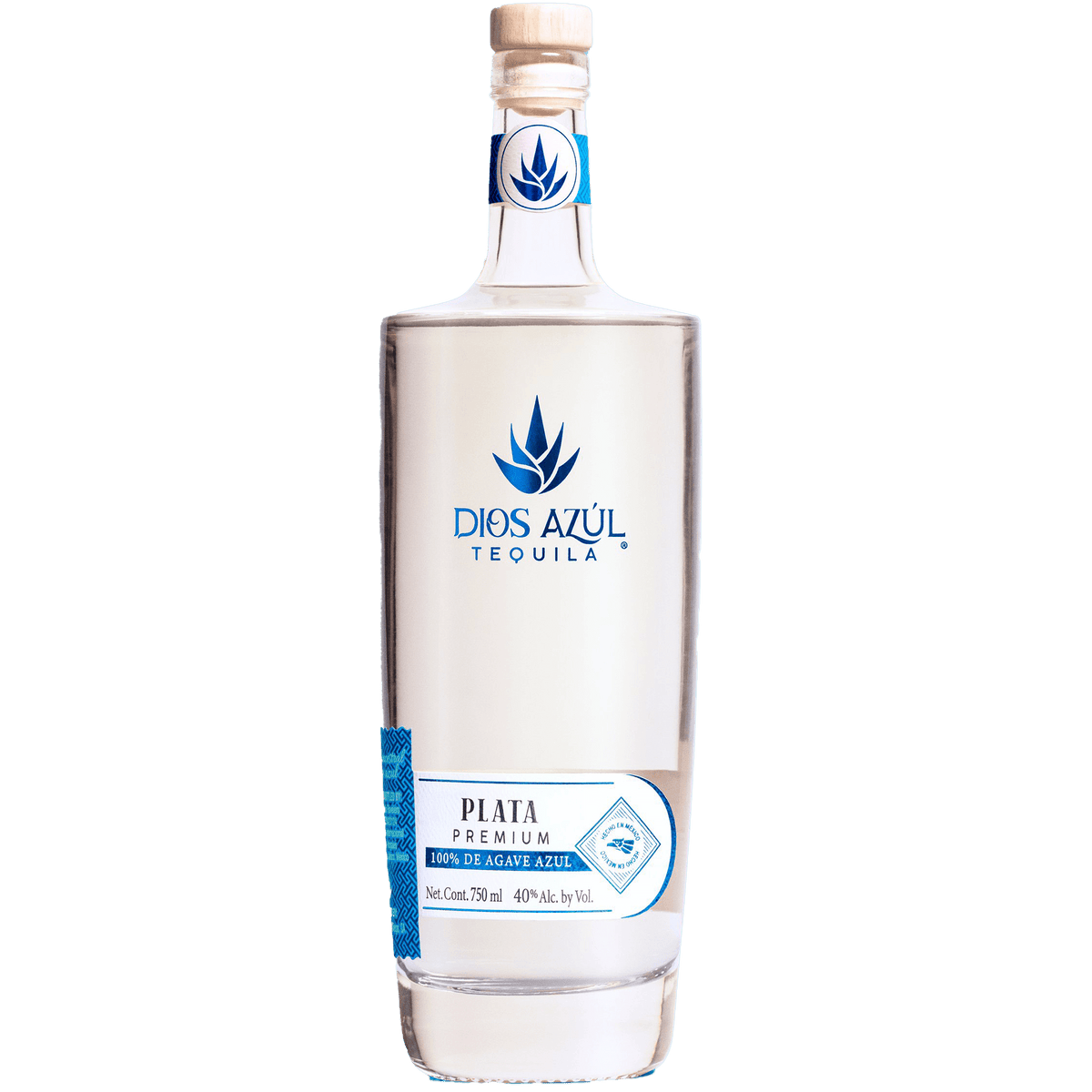 Dios Azul Plata Tequila bottle, premium 100% Blue Agave, showcasing crisp citrus notes and vibrant craftsmanship.