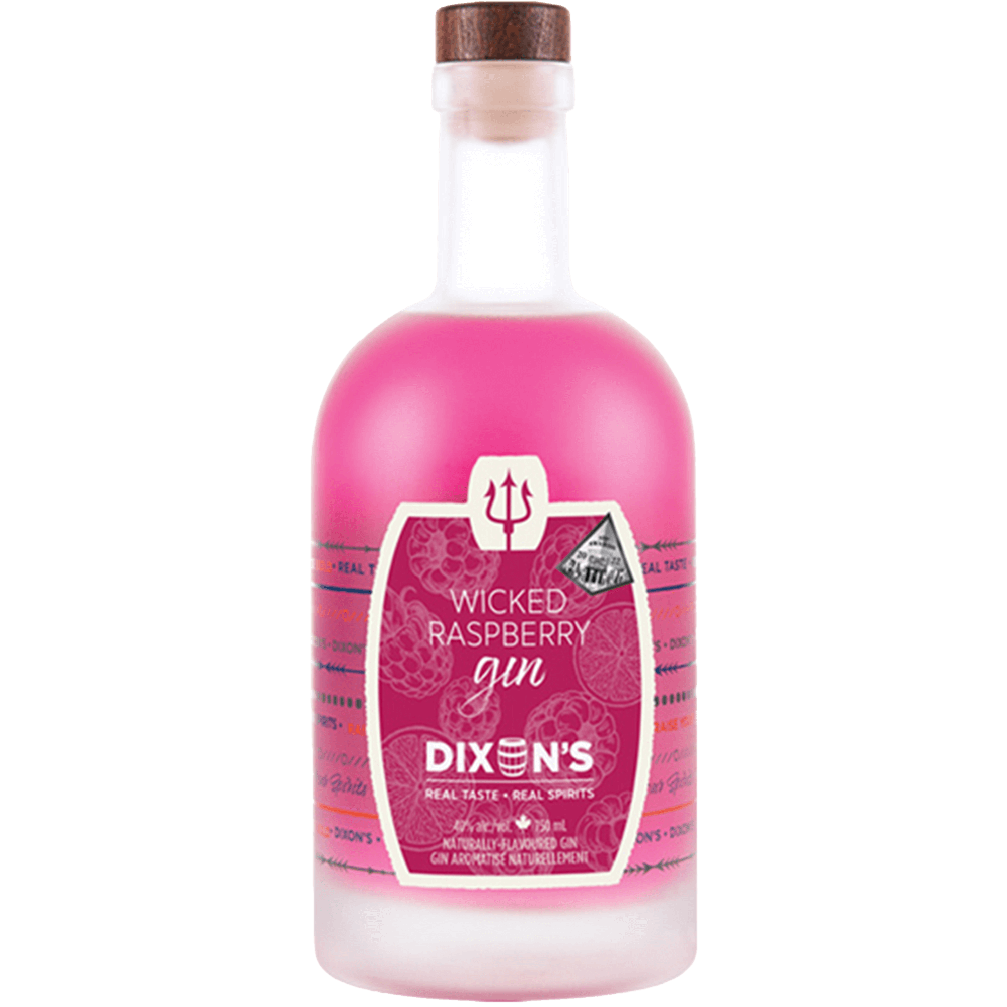 Dixon's Wicked Raspberry Gin bottle showcasing its vibrant pink color and distinctive label, reflecting fruity and botanical flavors.