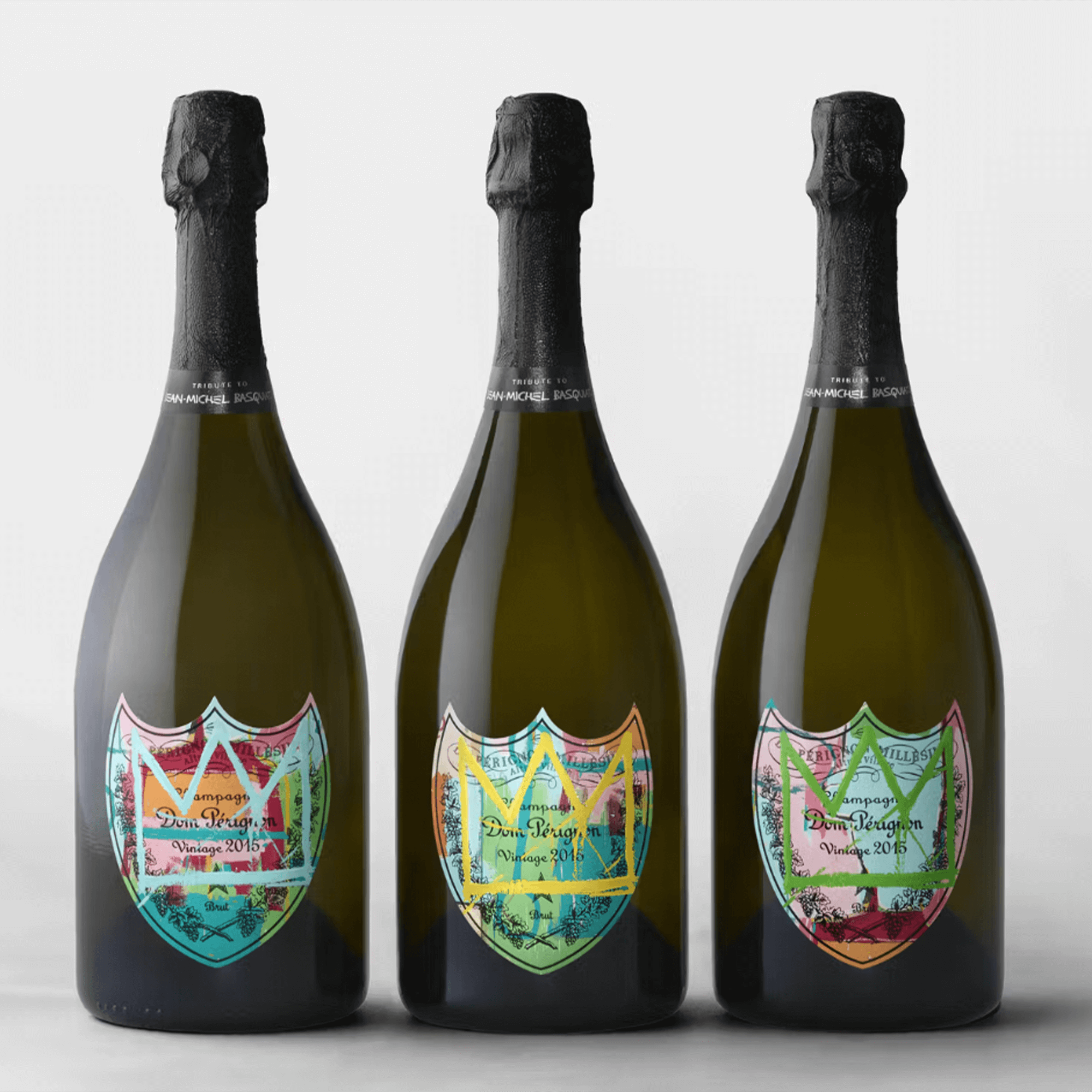 Dom Pérignon x Jean Michel Basquiat Limited Edition Vintage 2015 bottles showcase colorful artistic labels.