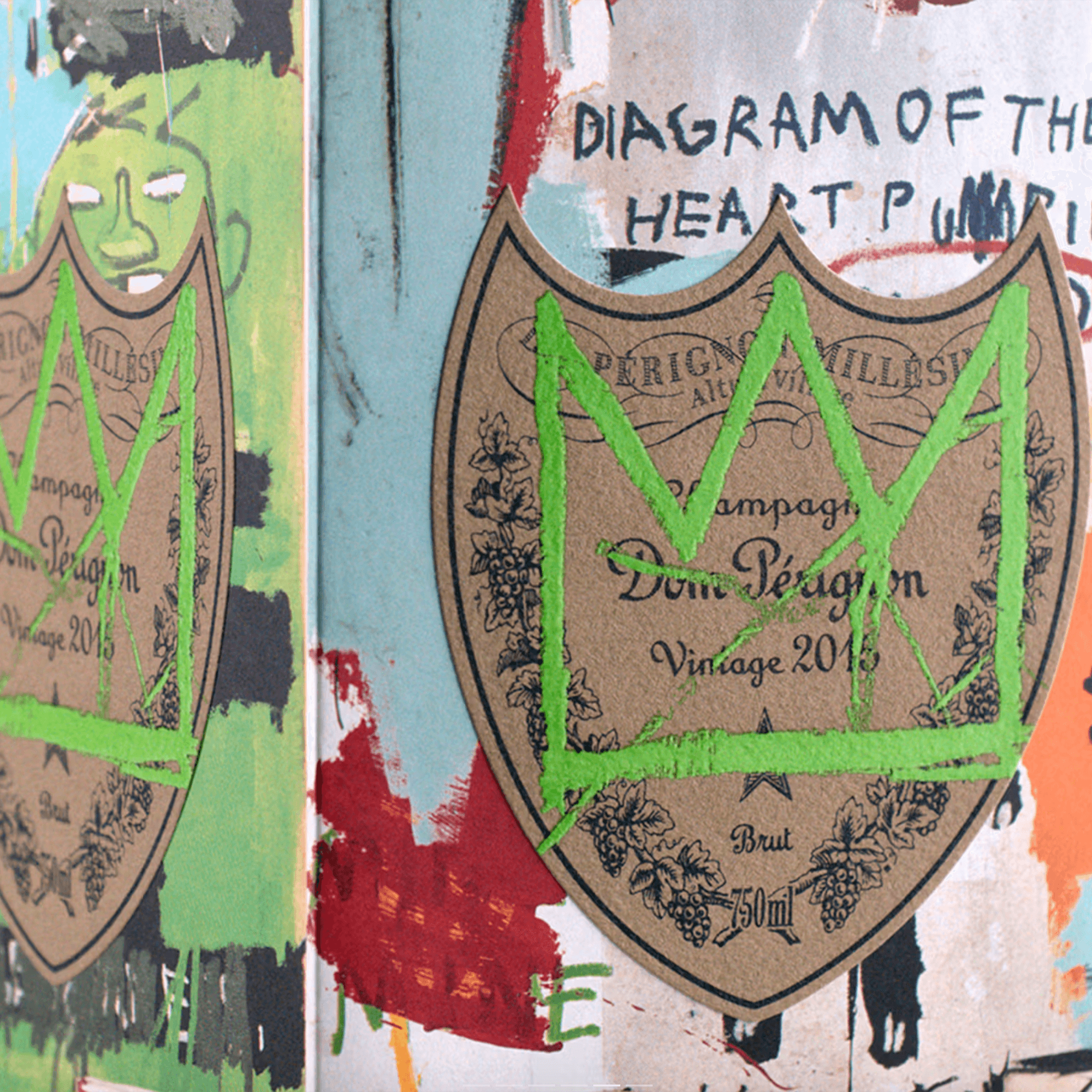 Close-up of Dom Pérignon Vintage 2015 label with Jean-Michel Basquiat's artwork, celebrating innovation and heritage.