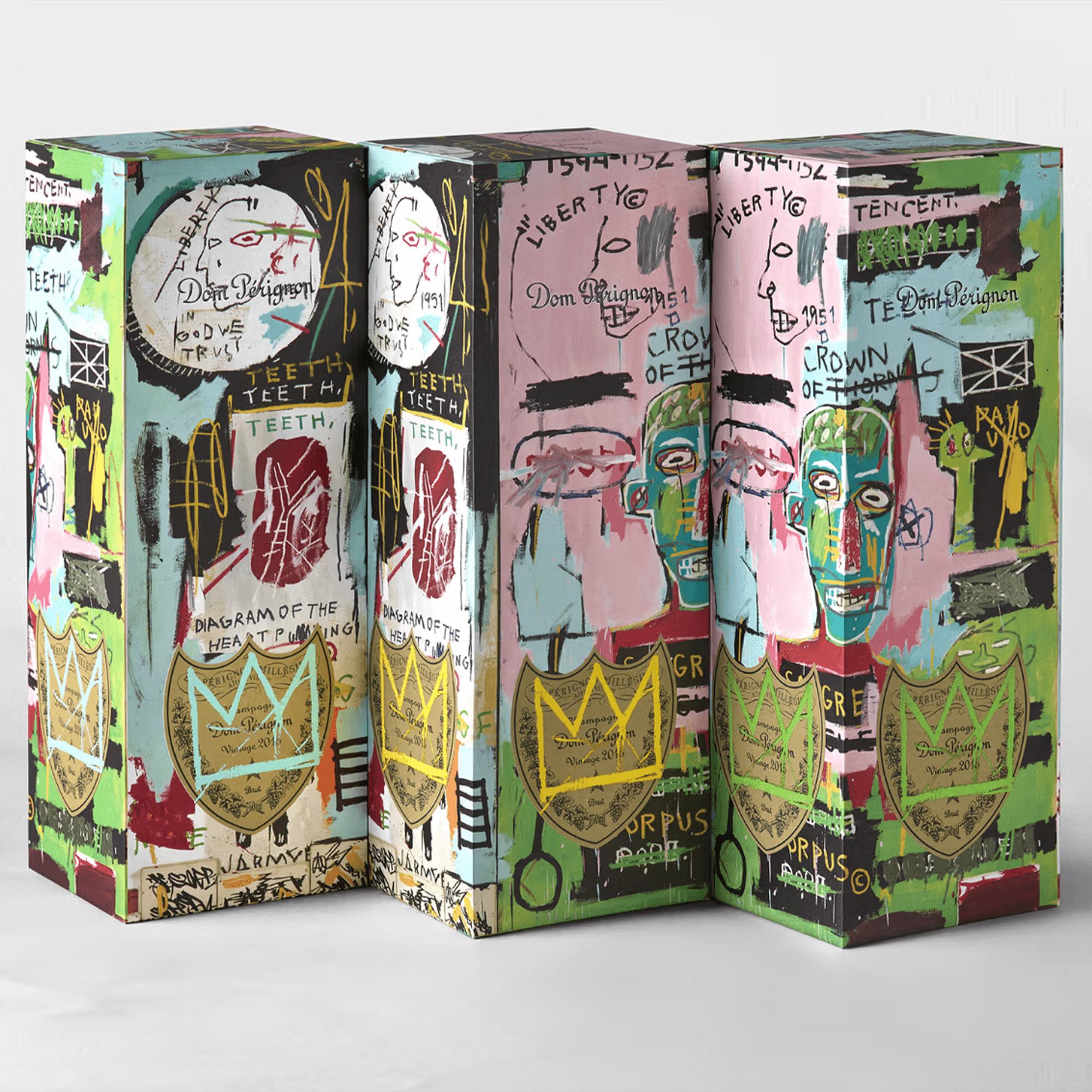 Limited Edition Dom Pérignon x Basquiat Vintage 2015 box featuring vibrant artwork inspired by Jean-Michel Basquiat.