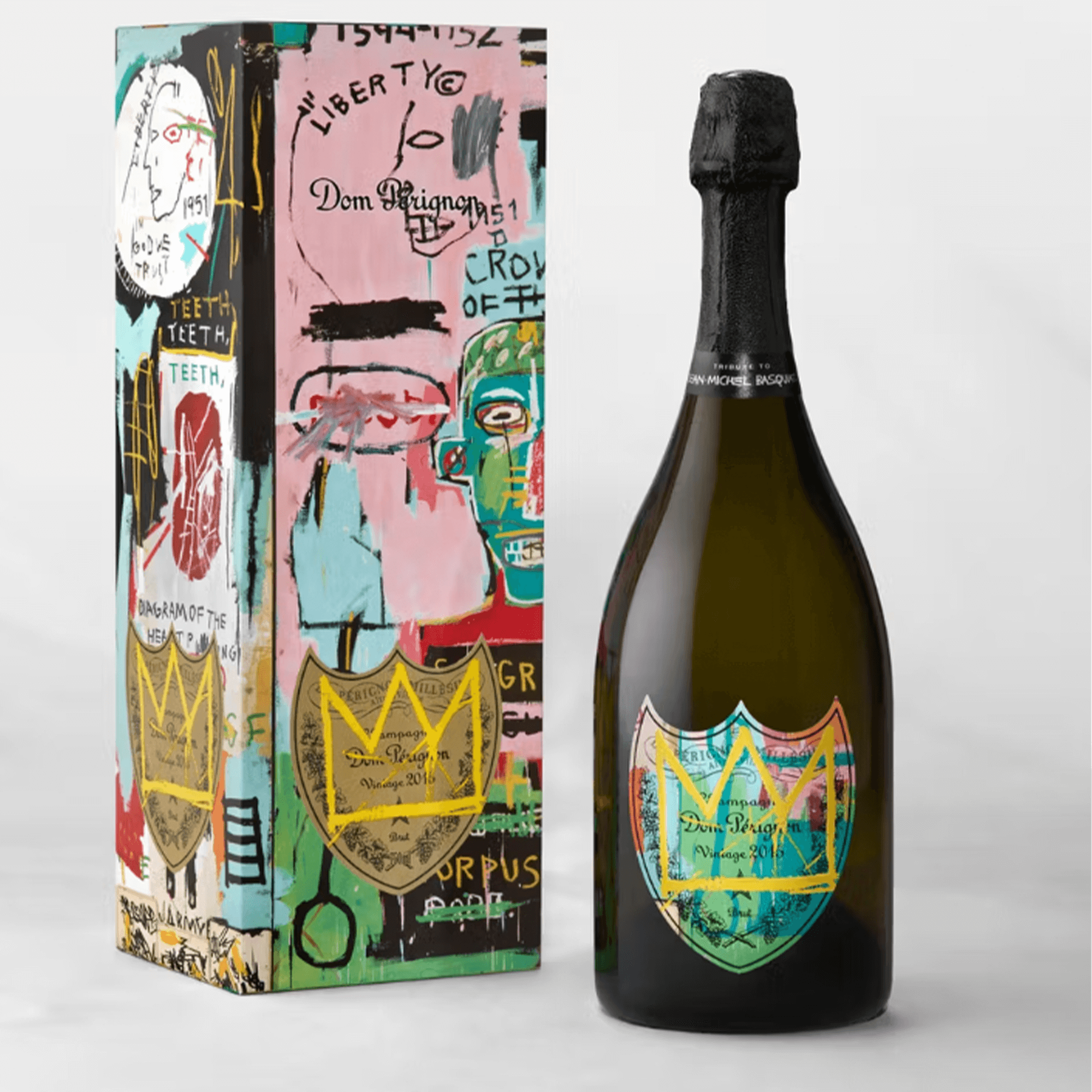 Dom Pérignon x Jean-Michel Basquiat Limited Edition Vintage 2015 bottle and box design featuring Basquiat artwork.