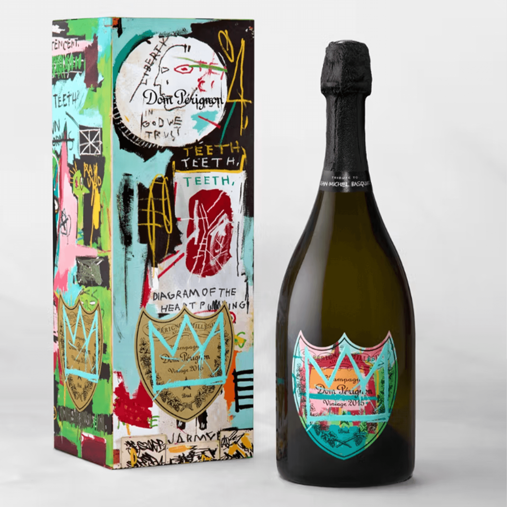 Dom Pérignon x Jean-Michel Basquiat Limited Edition Vintage 2015 champagne bottle with artistic packaging.