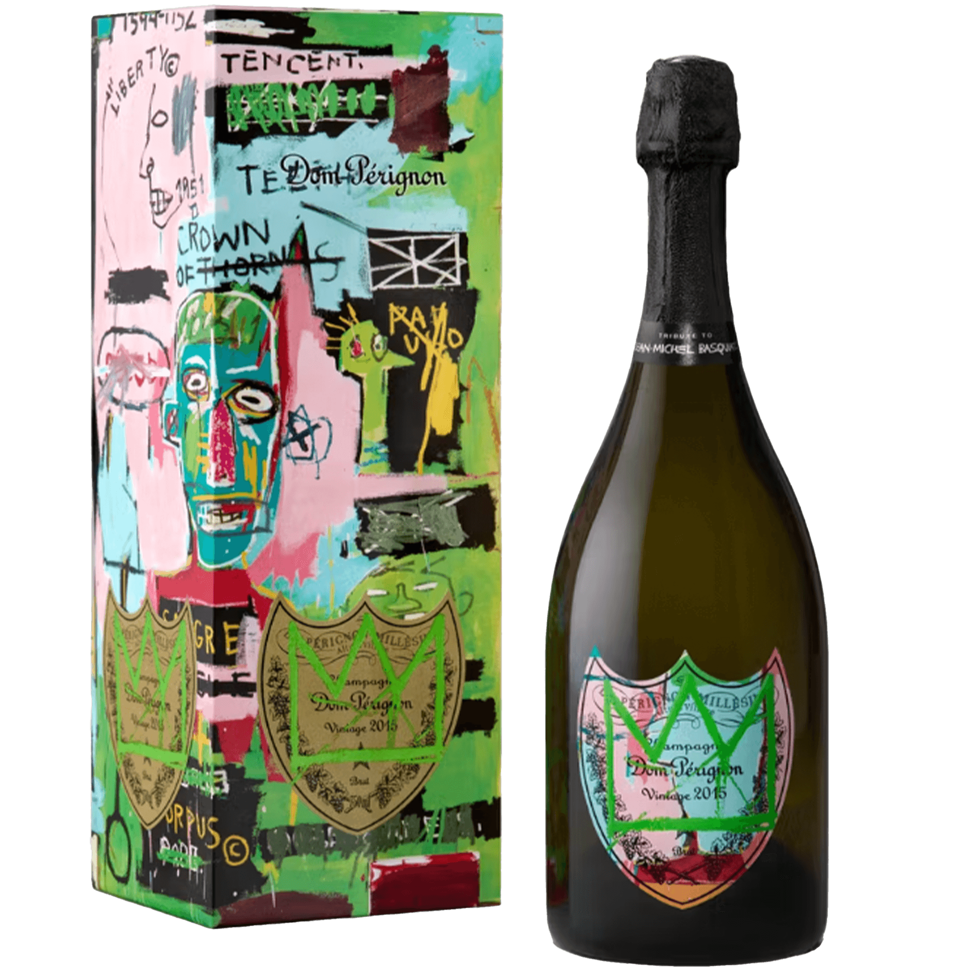 Dom Pérignon x Jean-Michel Basquiat Limited Edition Vintage 2015 bottle and artistic box display.
