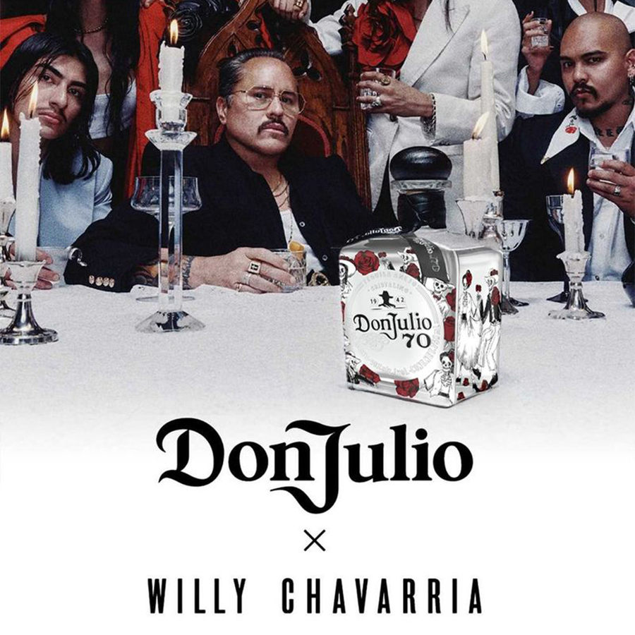 Don Julio 70 Dia De Los Muertos tequila collaboration with Willy Chavarria at a festive table setting.