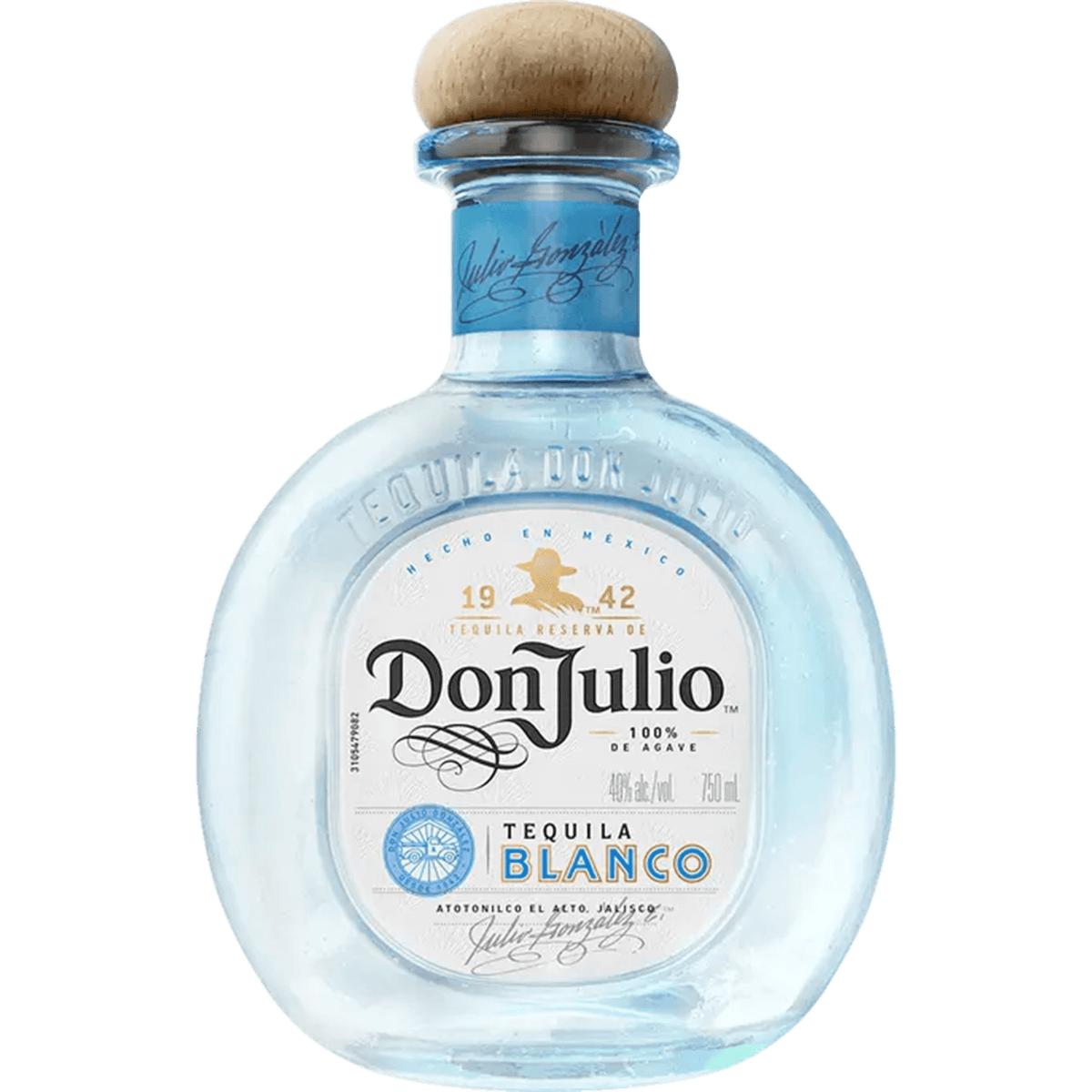 Don Julio Summer of Mexicana Blanco Tequila bottle with wooden cork, showcasing its clear liquid and elegant design.