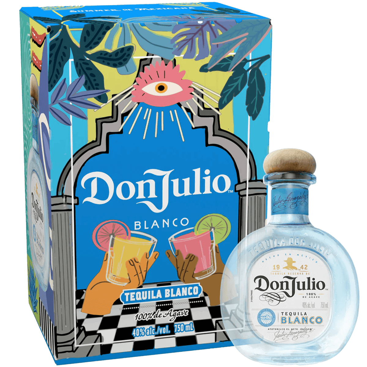 Don Julio Summer of Mexicana Blanco Tequila bottle and box, showcasing its vibrant design and authentic agave essence.