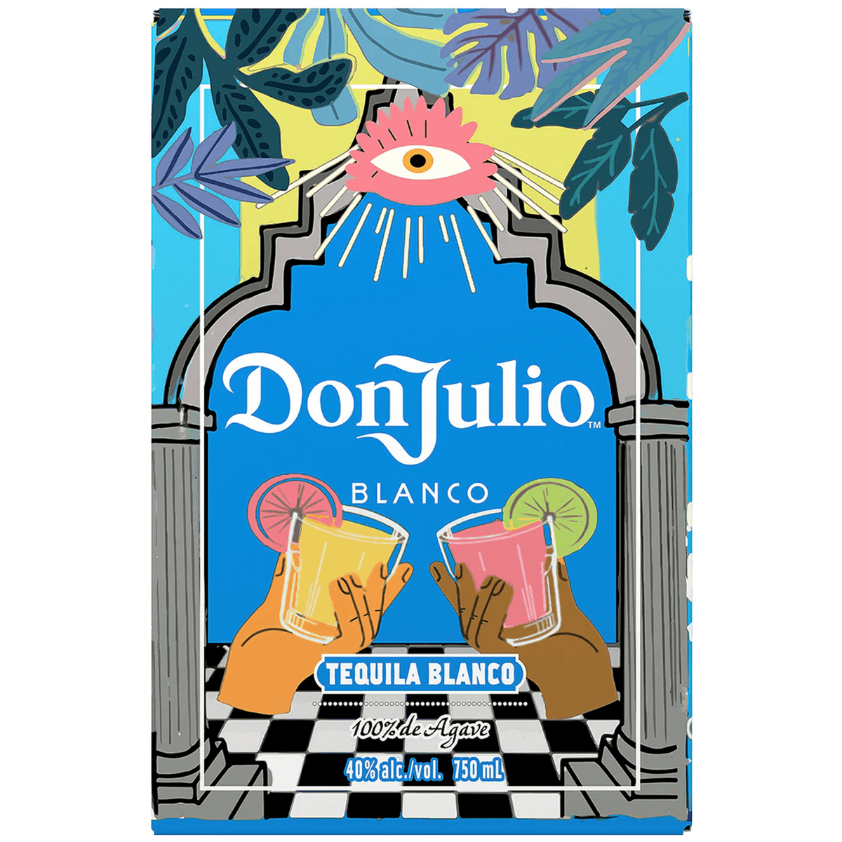 Don Julio Blanco Tequila bottle featuring vibrant design and cocktails, perfect for cocktails and summer drinks.