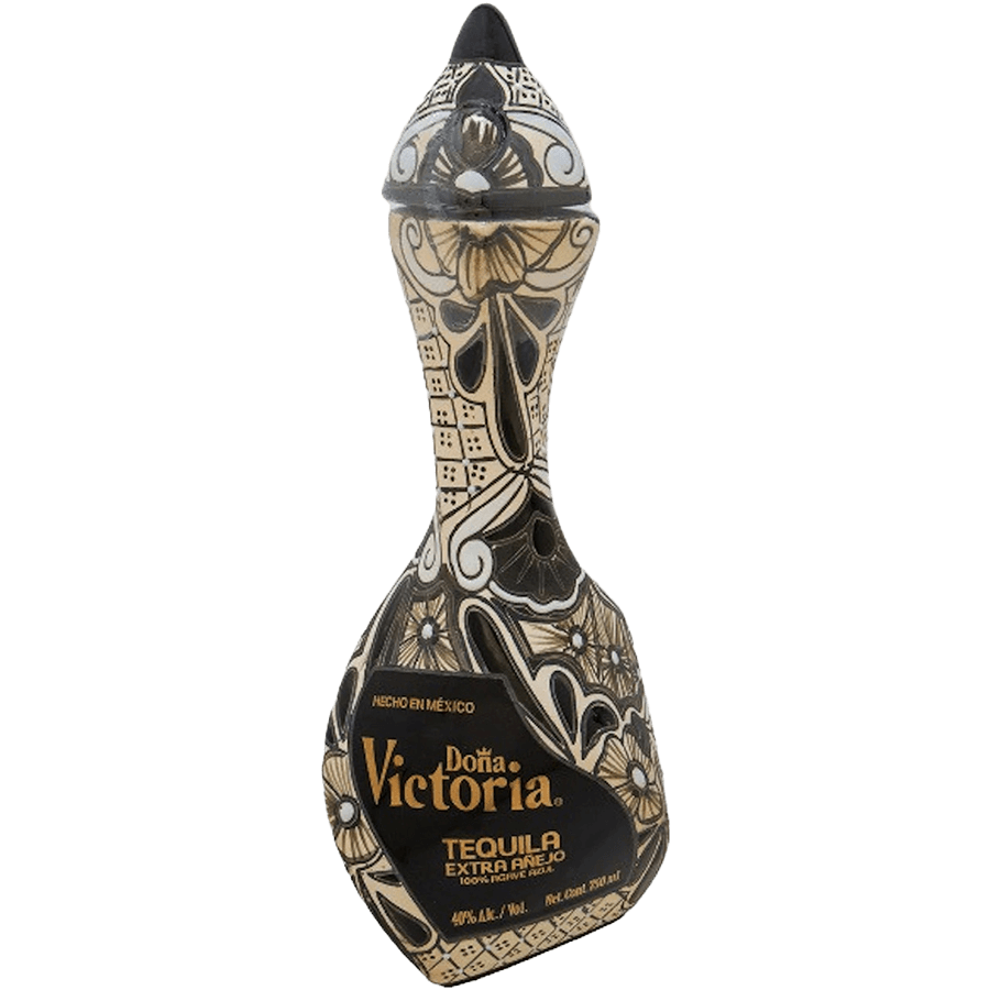 Artisan bottle of Doña Victoria Extra Añejo Tequila, showcasing intricate hand-painted design and premium quality.