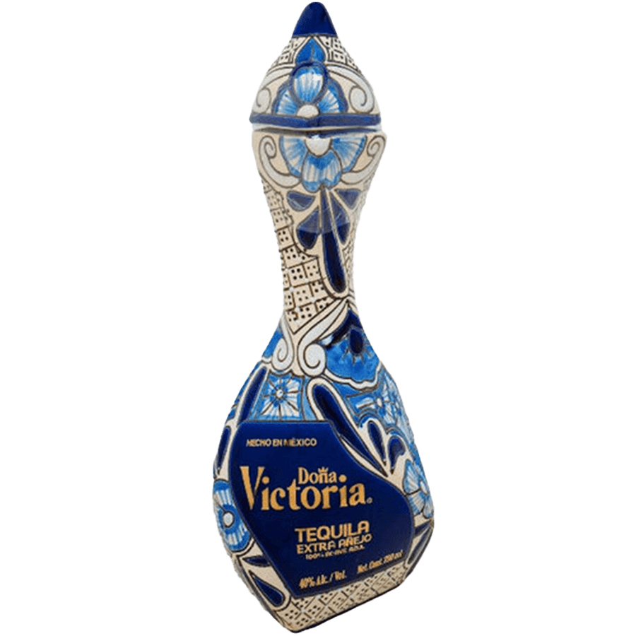 Doña Victoria Extra Añejo Blue Tequila bottle showcasing intricate design and premium quality.