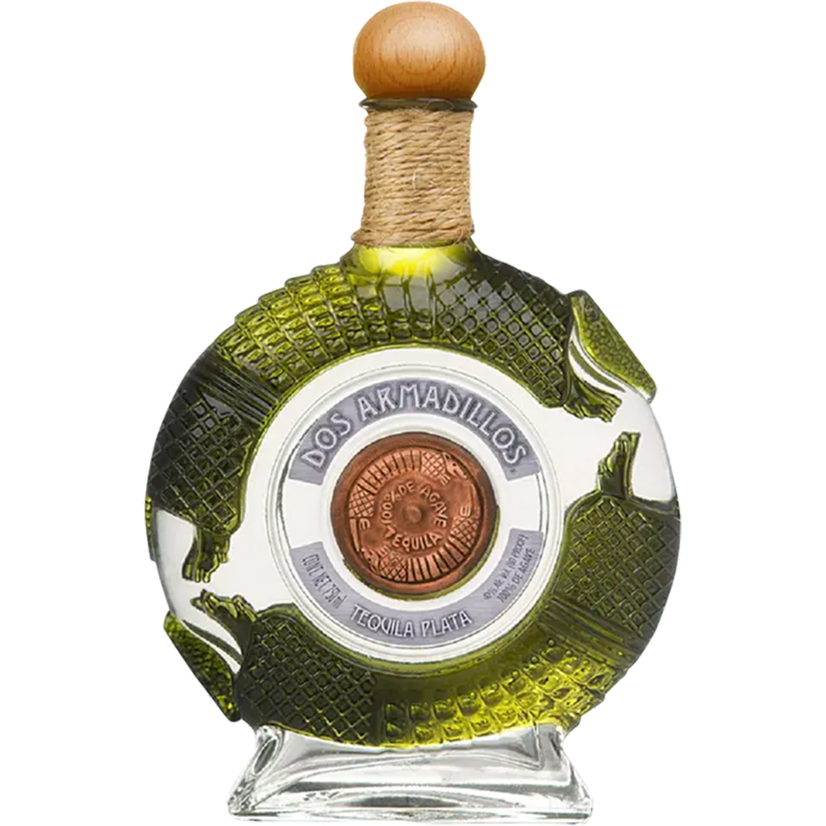 Dos Armadillos Plata Tequila bottle, handcrafted with green tint and artisanal medallion, 100% blue weber agave.