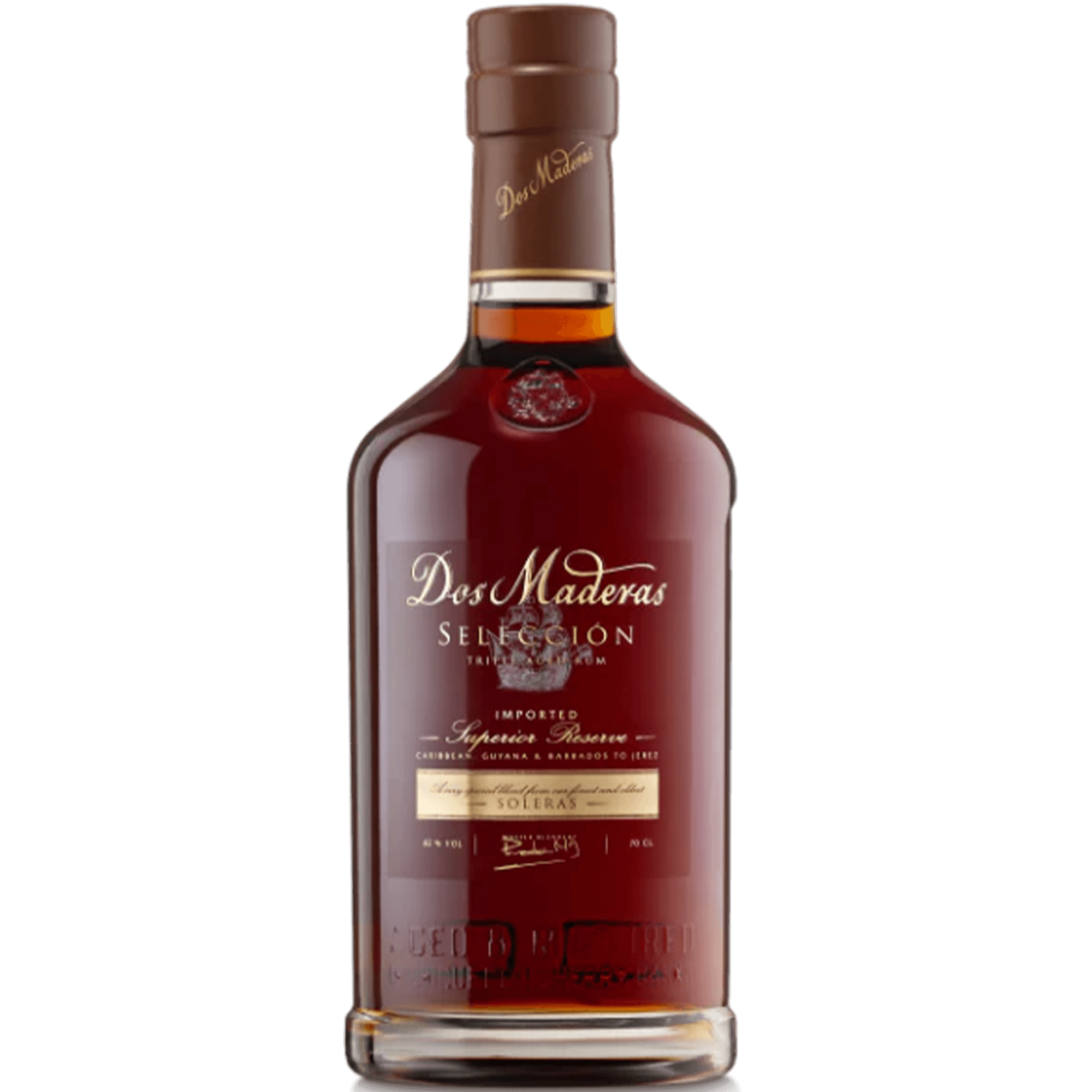 Dos Maderas Selección Triple Aged Soleras Rum bottle showcasing rich color and elegant design, 84 Proof, 42% ABV.