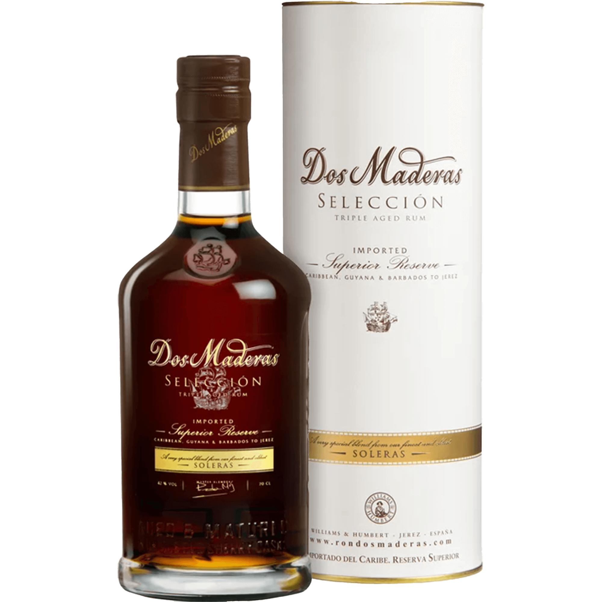 Bottle of Dos Maderas Selección Triple Aged Soleras Rum with packaging, showcasing its rich color and complex character.