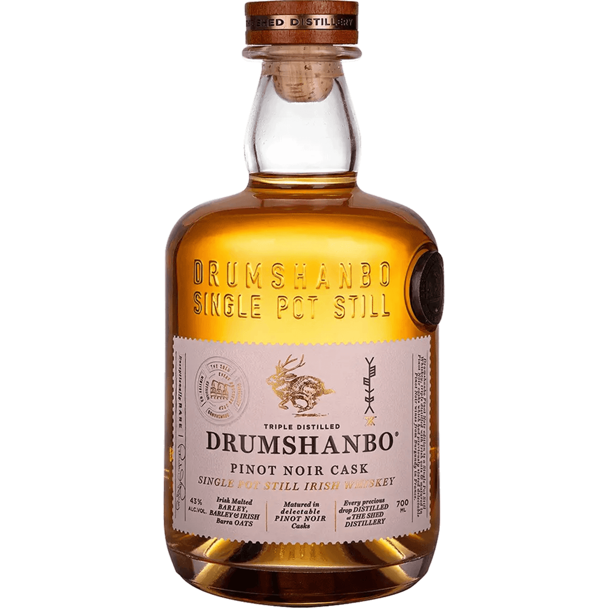 Bottle of Drumshanbo Pinot Noir Cask Single Pot Still Irish Whiskey, 700ml, triple distilled with a rich golden color.