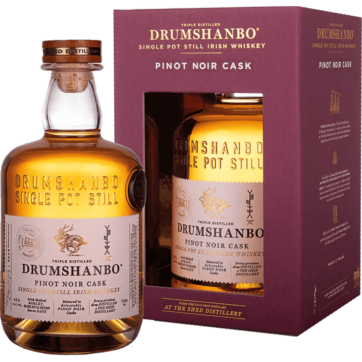 Drumshanbo Pinot Noir Cask Single Pot Still Irish Whiskey bottle and box, triple distilled, 700ml.