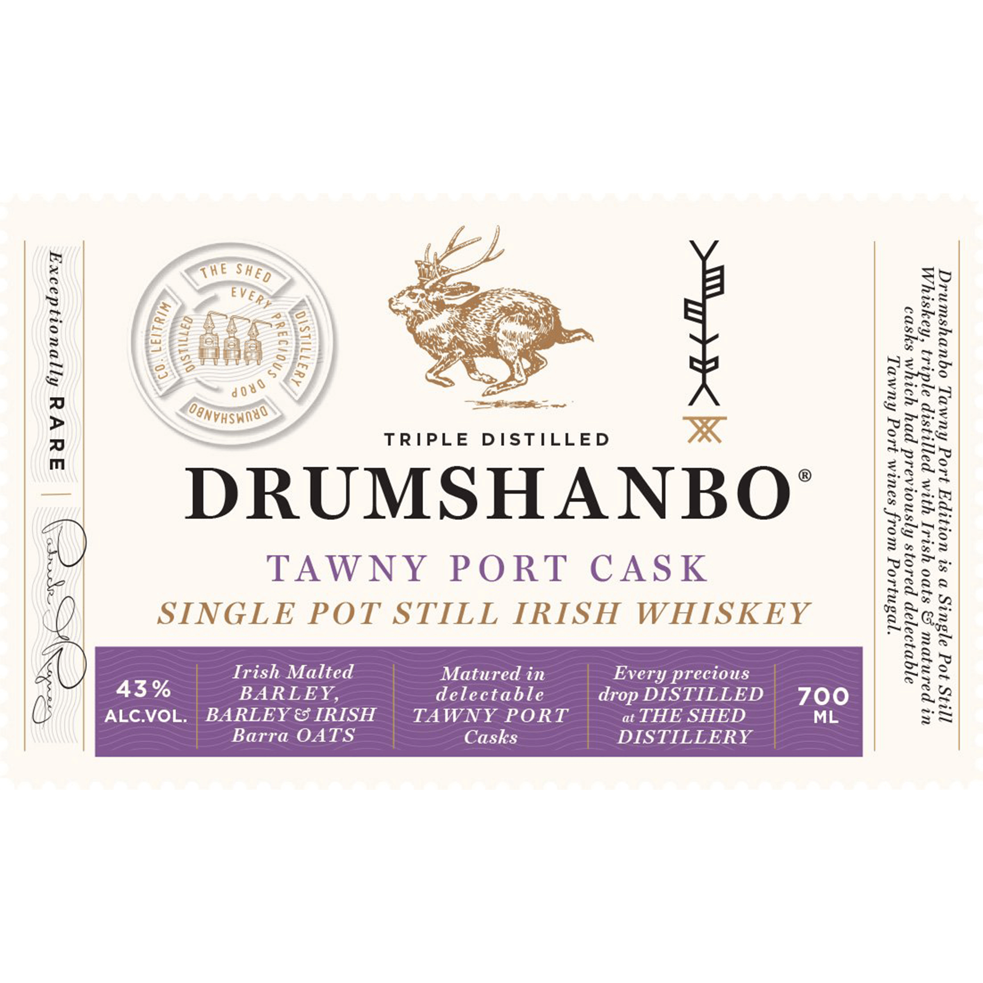 Drumshanbo Tawny Port Cask Single Pot Still Irish Whiskey label, 700ml, showcasing triple distilled whiskey aged in Tawny Port casks.