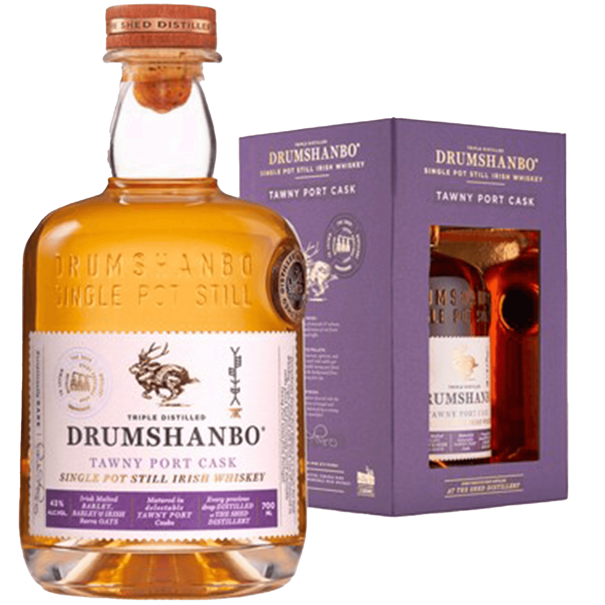 Drumshanbo Tawny Port Cask Single Pot Still Irish Whiskey 700ml bottle with packaging, rich flavors of cherries and apricots.
