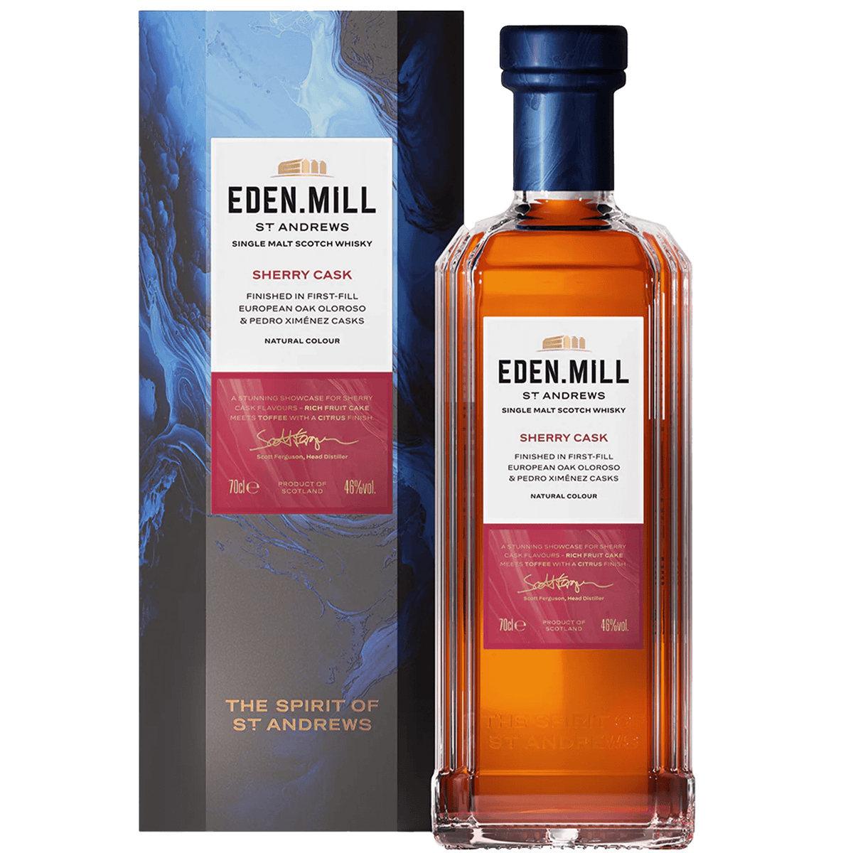 Eden Mill Bourbon Cask Single Malt Scotch 700ml bottle with packaging, featuring rich fruit cake and citrus notes.