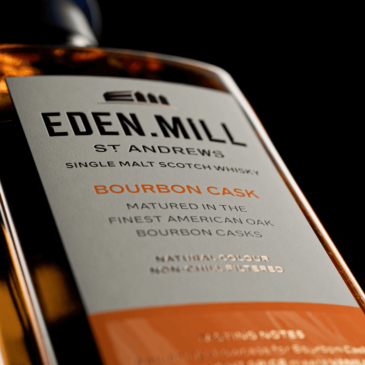 Eden Mill Bourbon Cask Single Malt Scotch whisky bottle showcasing label and elegant design.