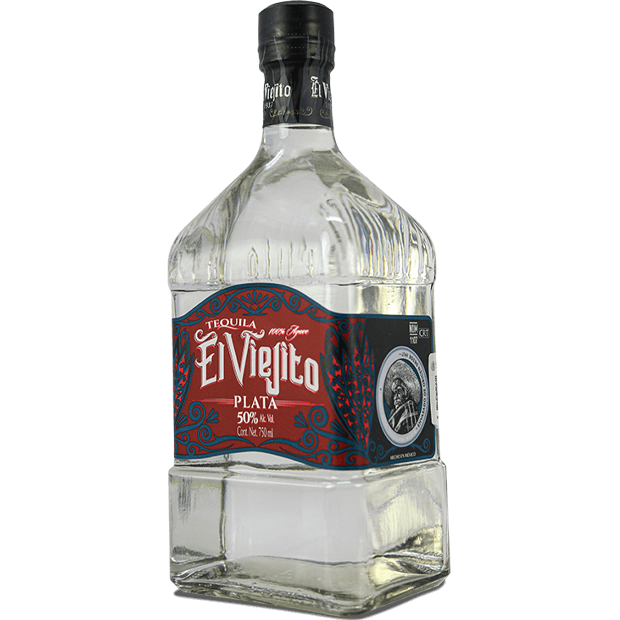 Bottle of El Viejito Plata 50% tequila, showcasing its clear spirit and artistic label design.