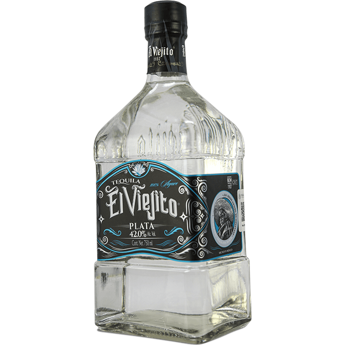 El Viejito Plata Tequila bottle, crafted from 100% blue Weber agave, showcasing its traditional design.