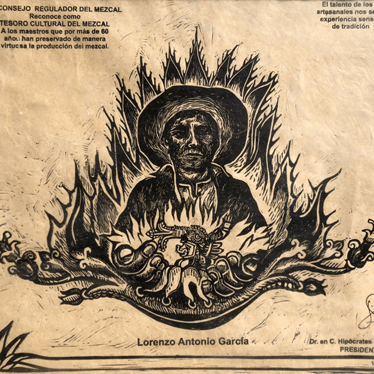 Artwork honoring Lorenzo Antonio García, celebrating mezcal tradition and cultural heritage.