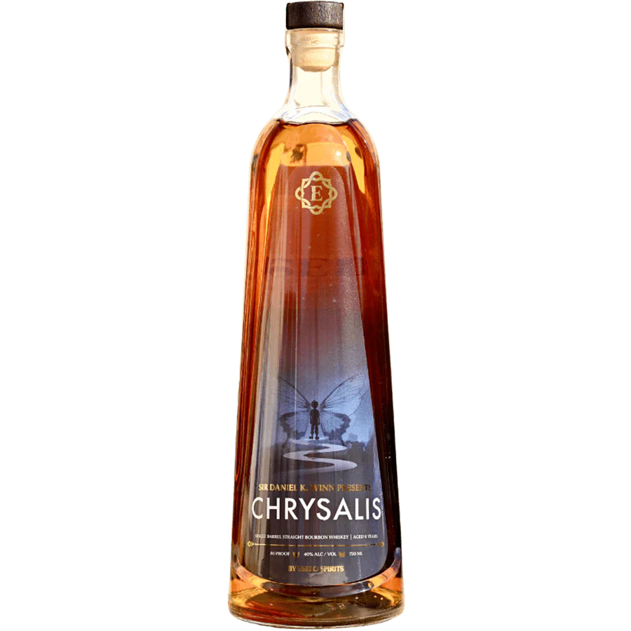Eselo Chrysalis Single Barrel Straight Bourbon bottle with artistic design and rich amber color.