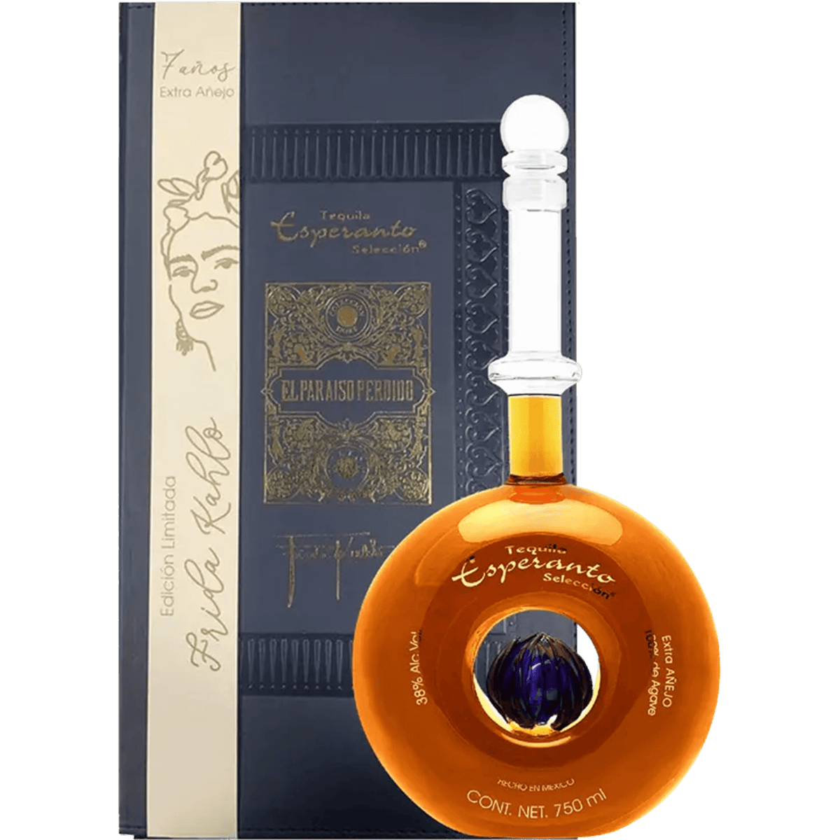Esperanto Frida Kahlo El Paraiso Perdido Extra Añejo Tequila bottle with decorative packaging.