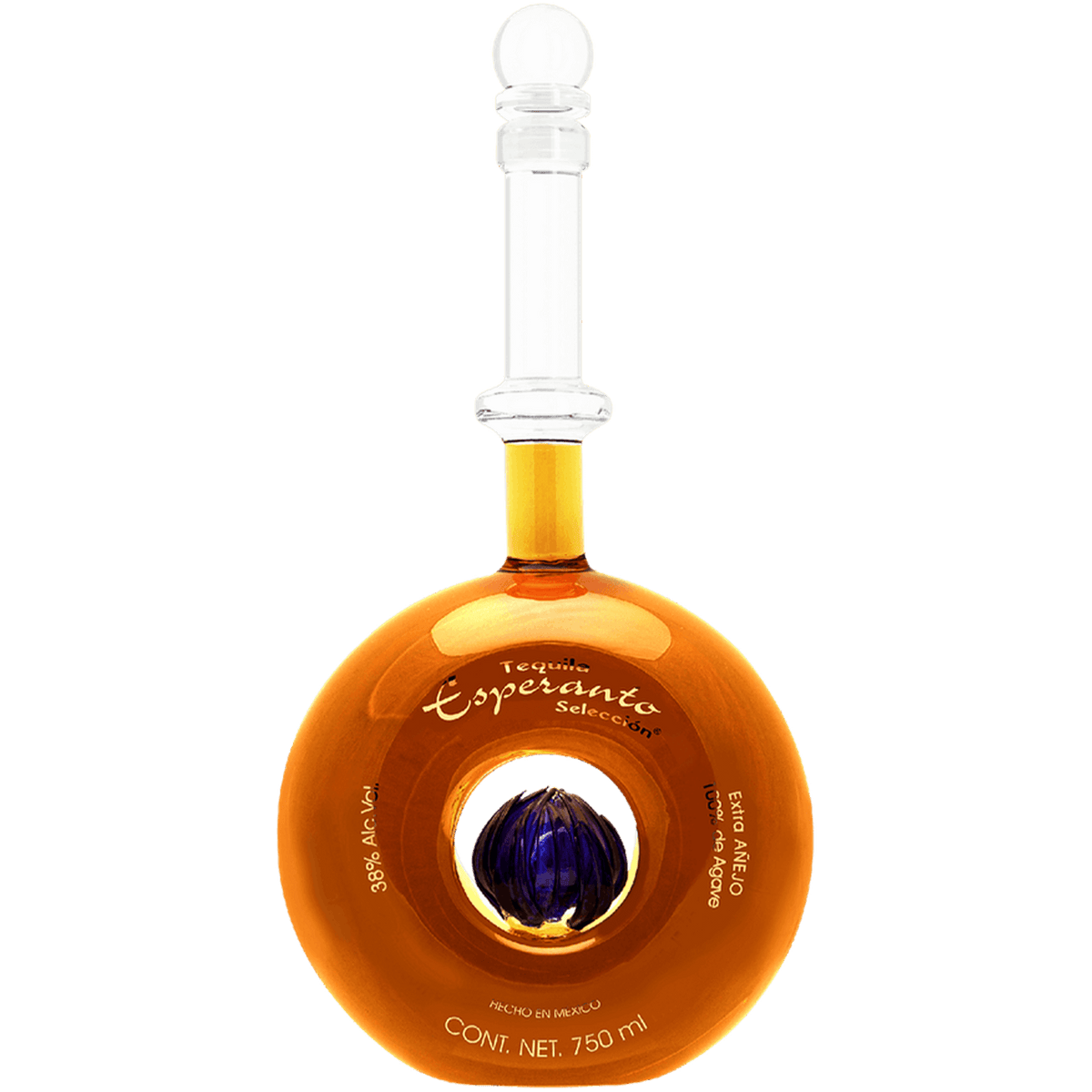 Elegant bottle of Esperanto Frida Kahlo El Paraiso Perdido Extra Añejo Tequila with rich amber color.