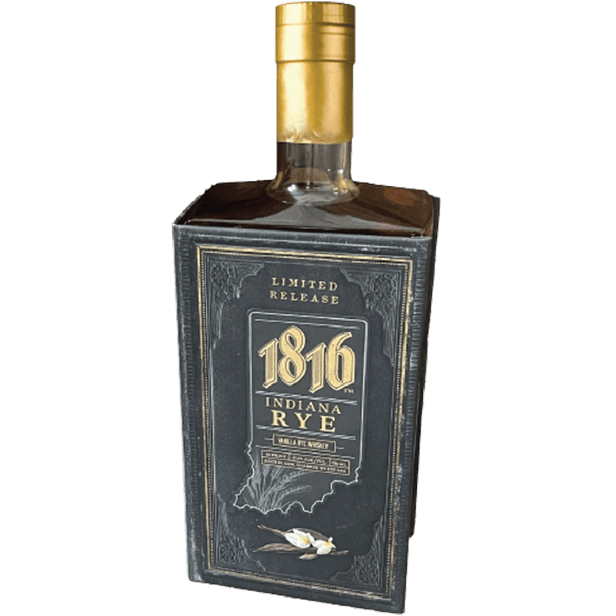 1816 Indiana Vanilla Rye Whiskey bottle with gold cap, featuring limited release label and Tahitian vanilla bean.