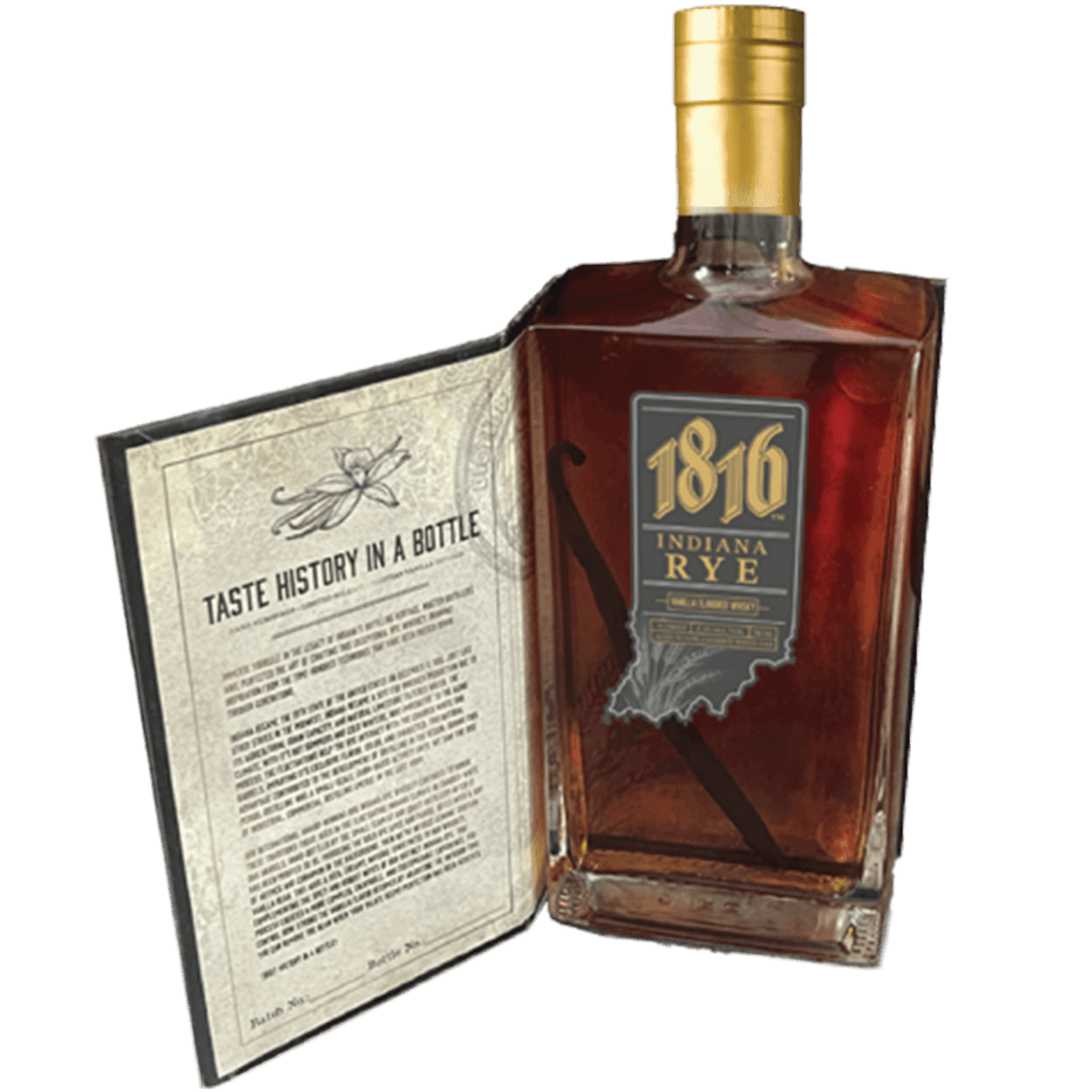 Fenwick's Distillery 1816 Indiana Vanilla Rye Whiskey with Tahitian vanilla bean, hand-numbered limited edition bottle.