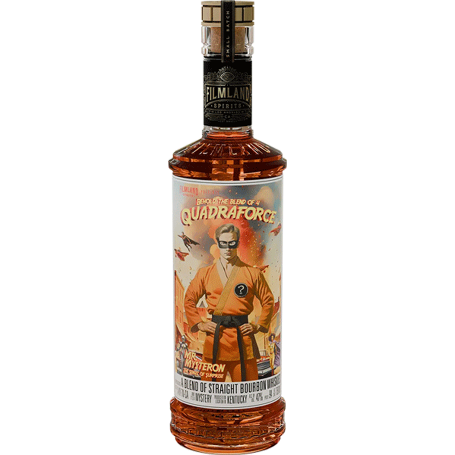 Filmland Spirits Quadraforce bourbon bottle featuring a colorful label and unique design.