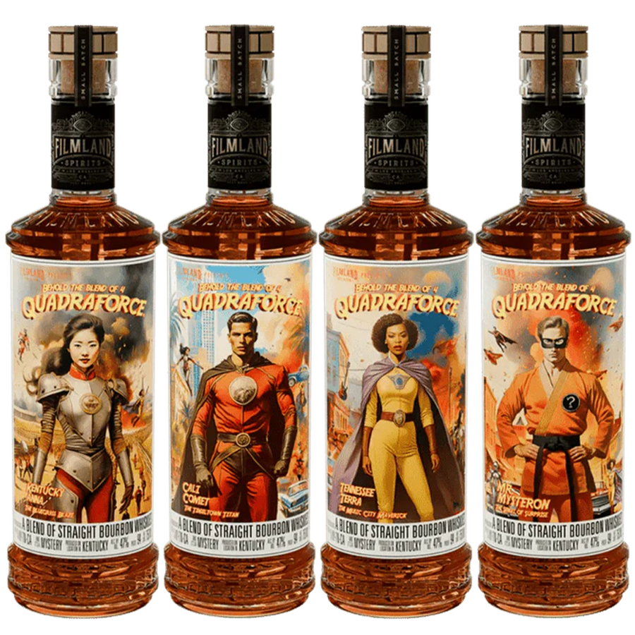 Filmland Spirits Quadraforce bourbon bottles featuring unique heroes and bold flavors, capturing the essence of the super blend.