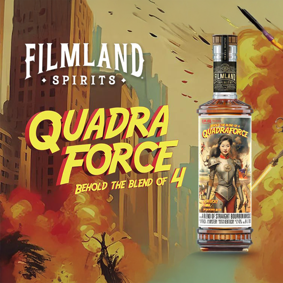 Filmland Spirits Quadraforce bourbon bottle in front of a dramatic background featuring an explosion and a superhero character.