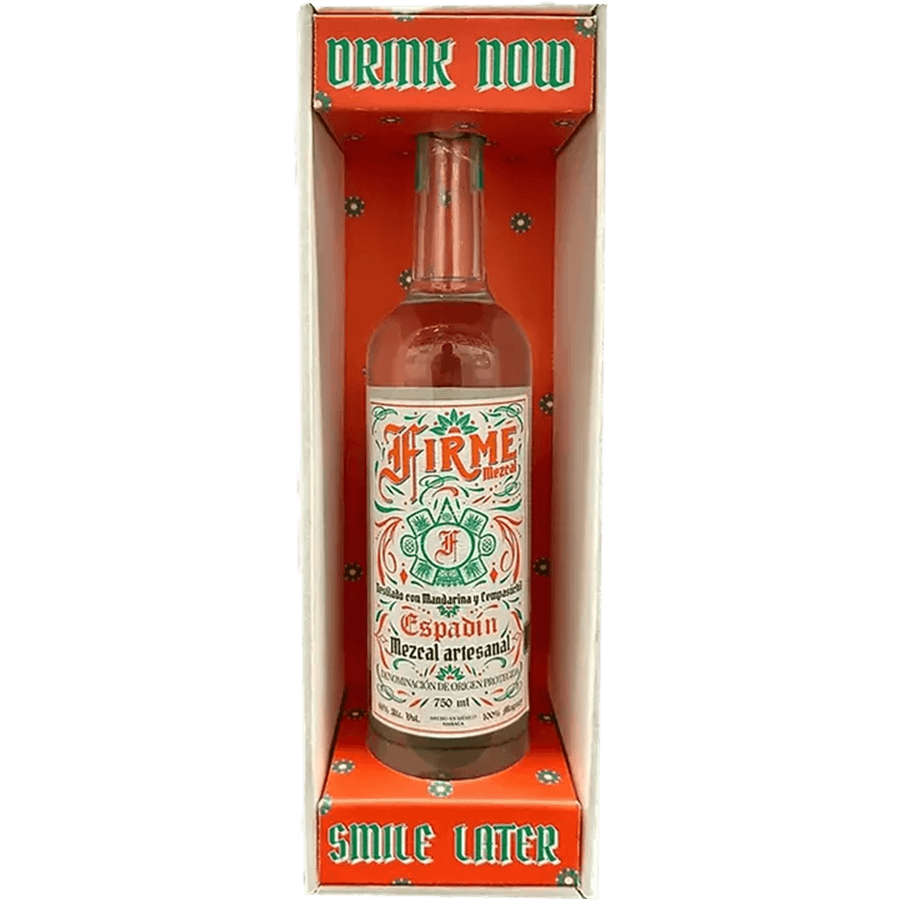 Firme Mezcal Joven Espadín bottle with vibrant packaging showcasing cempasúchil and mandarina flavors.