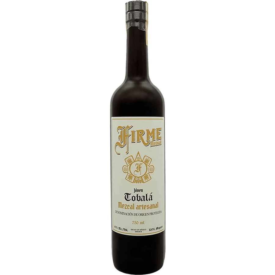 Firme Mezcal Joven Tobalá bottle featuring artisanal design; premium Oaxacan mezcal made from 100% Agave Tobalá.