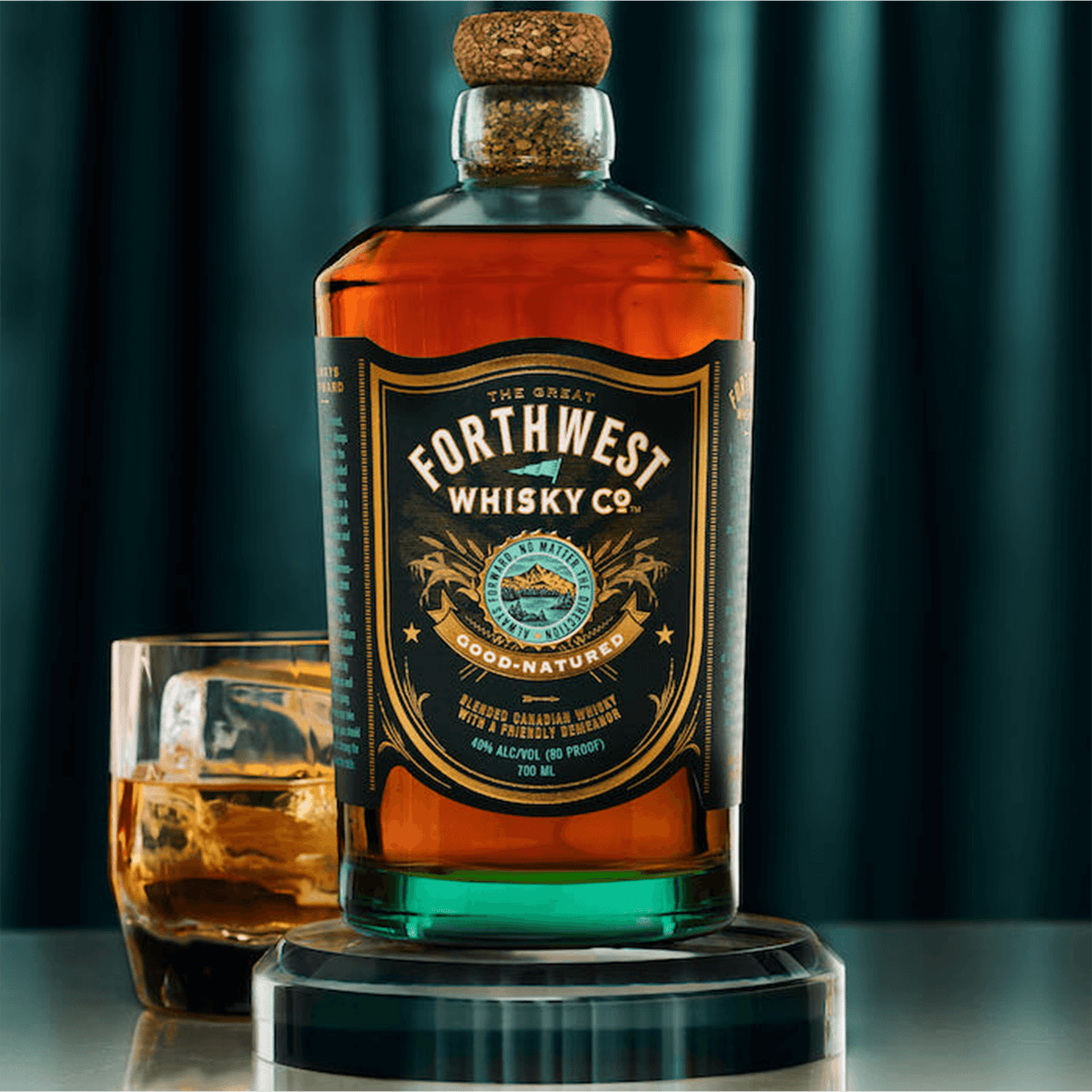 Forthwest Canadian Whisky 700ml bottle with glass, showcasing its smooth and optimistic flavors of vanilla and sarsaparilla.