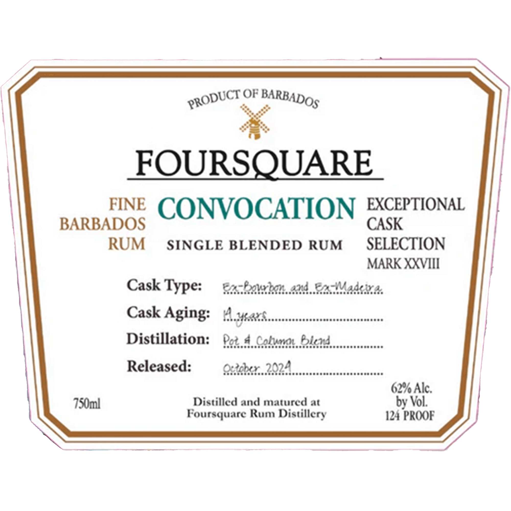 Foursquare Exceptional Cask Selection Mark XXVIII Convocation Rum label featuring whisky details and aging information.