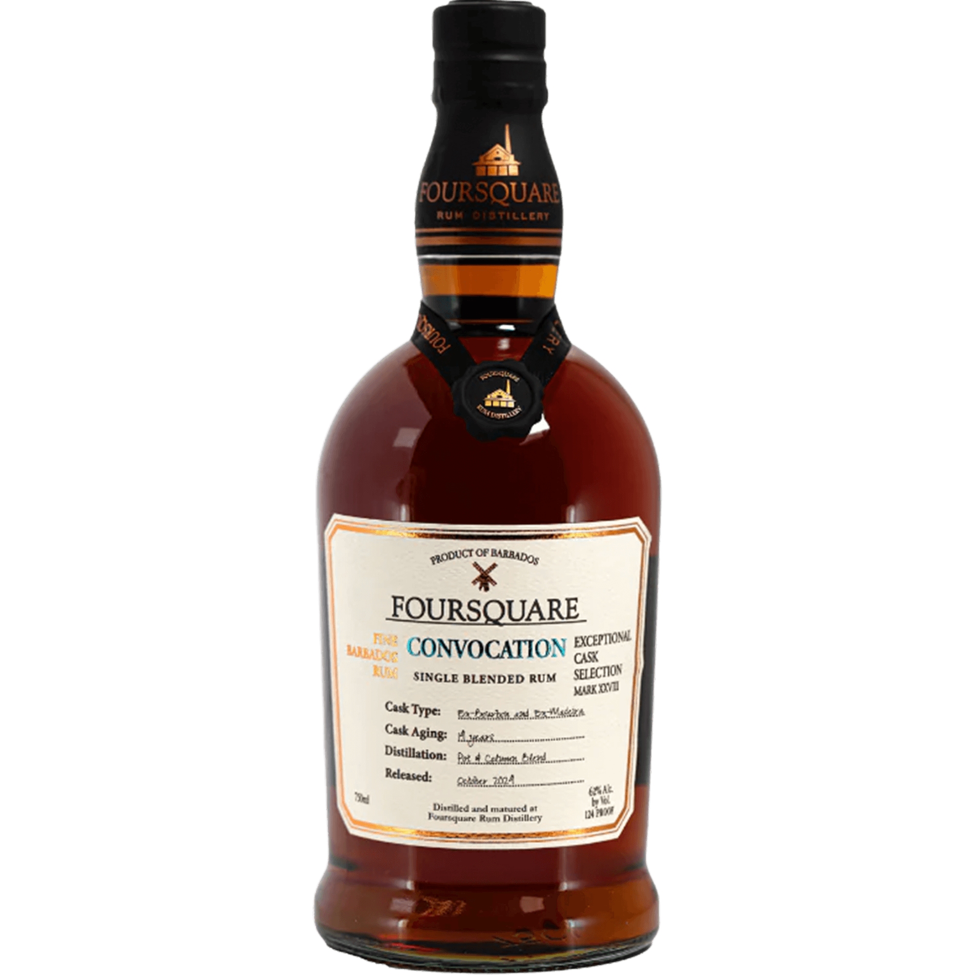 Bottle of Foursquare Exceptional Cask Selection Mark XXVIII Convocation Rum, a blend of 14-year aged rums in Ex-Bourbon and Ex-Madeira casks.