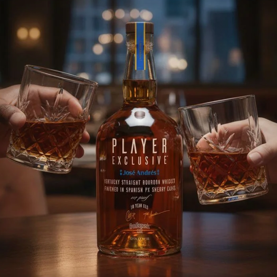 Gentleman's Cut Player Exclusive José Andrés Kentucky Straight Bourbon bottle with two glasses of whiskey.