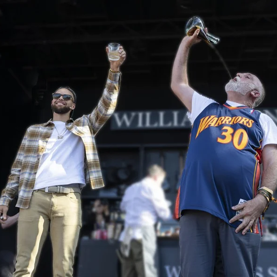 Gentleman's Cut Player Exclusive José Andrés Kentucky Straight Bourbon celebration with Stephen Curry and another participant.