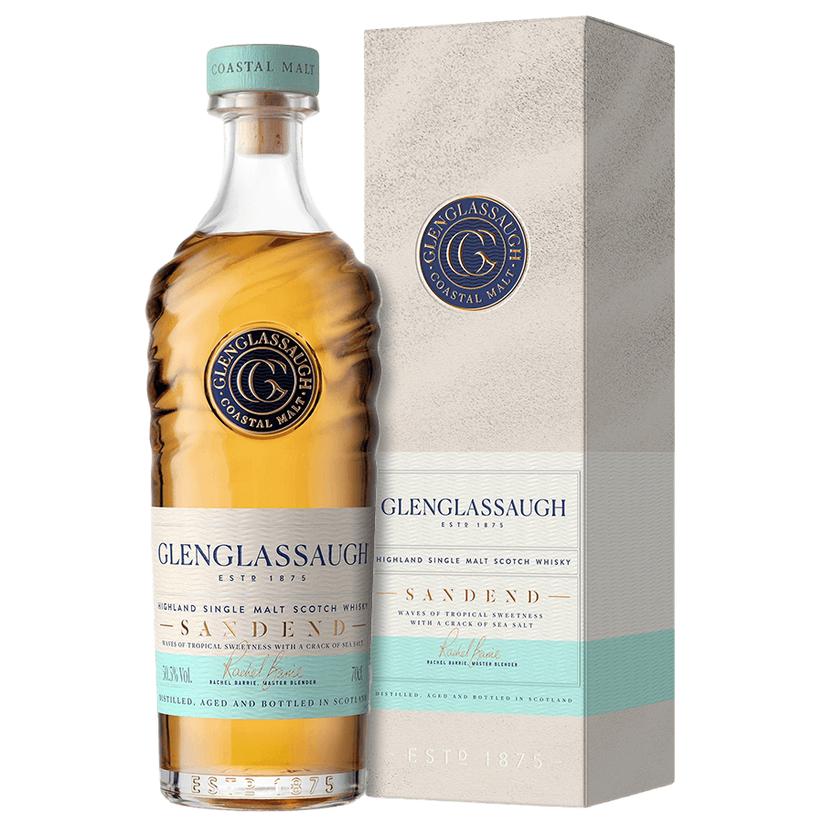 Glenglassaugh Sandend Single Malt Scotch Whisky bottle and packaging, showcasing coastal malt essence and tasting notes.