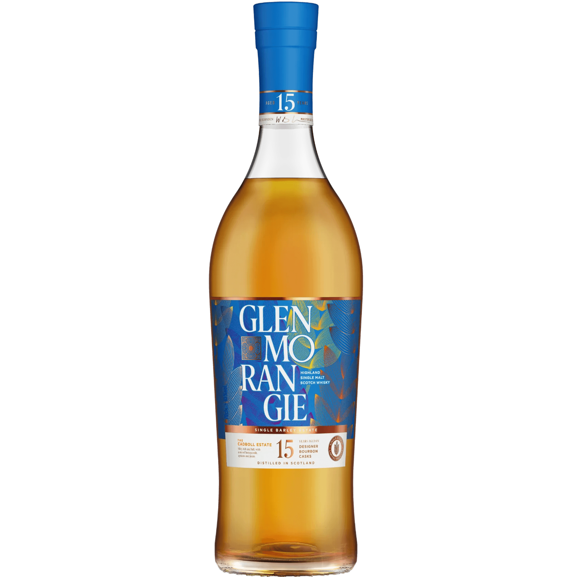 Glenmorangie 15 Year Cadboll Estate Batch 4 whisky bottle, showcasing rich golden color and elegant design.
